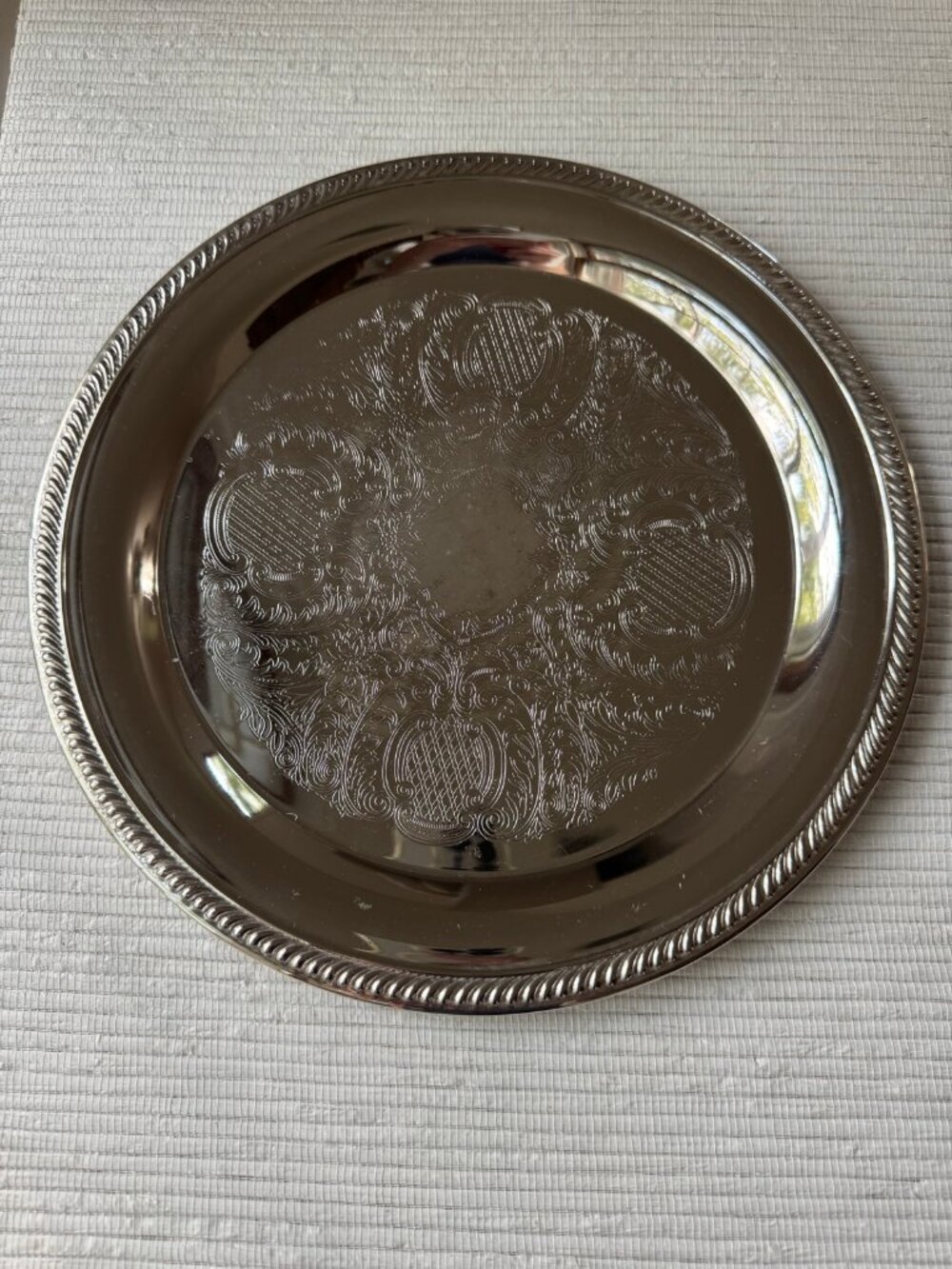 Silverplate Round Serving Tray | Rope Border, 12in